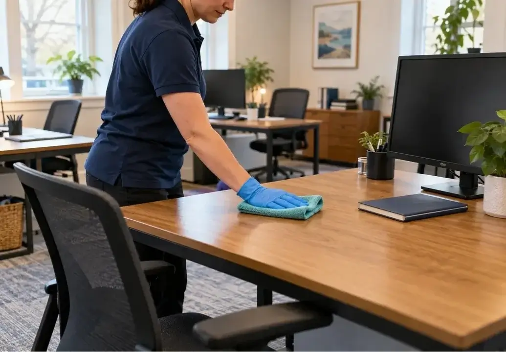Cleaner wiping a wooden office desk for commercial cleaning in Boston.