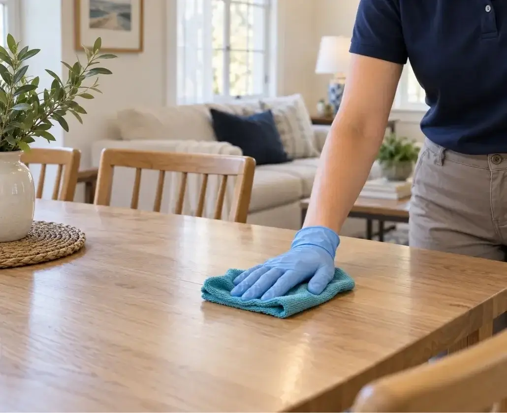 Gloved hand wiping a wooden dining table with a microfiber cloth for house cleaning in Boston.