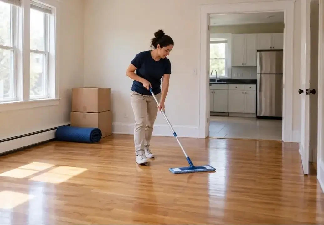 Cleaner mopping an empty apartment for move-in and move-out house cleaning in Boston.