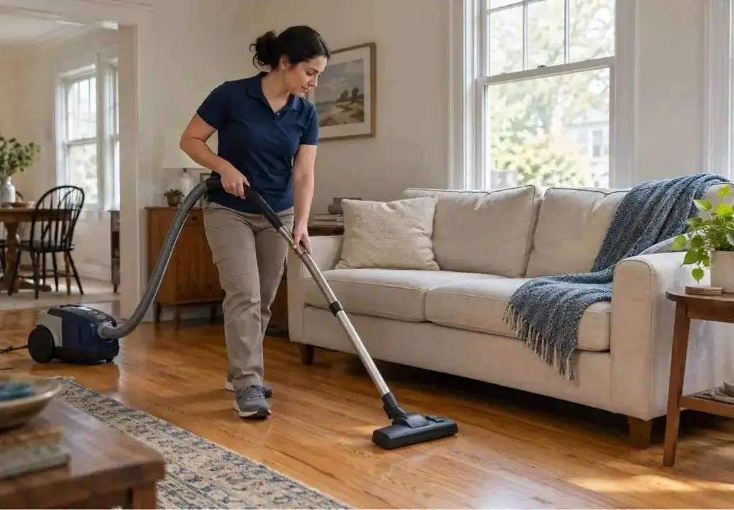 Cleaner vacuuming a living room floor for recurring house cleaning in Boston.