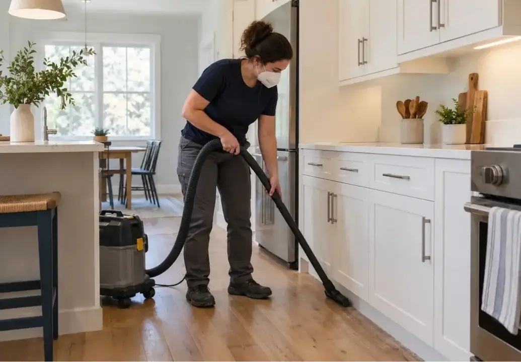 Cleaner vacuuming residual dust beside kitchen cabinets for post-construction cleaning in MetroWest.