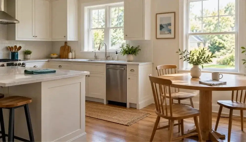 Clean, sunlit kitchen and dining area with white cabinets and a wooden table.